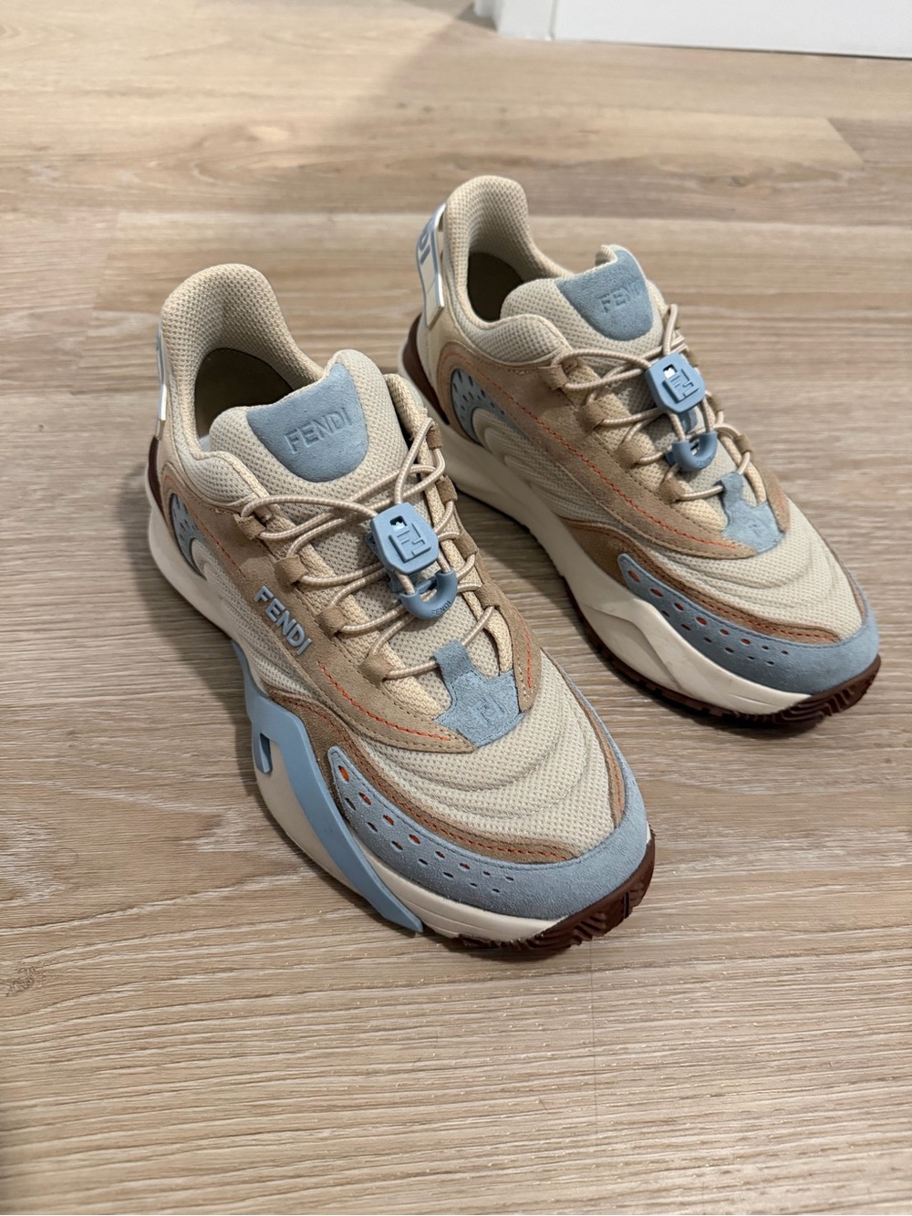 Fendi Women's Beige and Light Blue Mesh & Suede Sneakers
